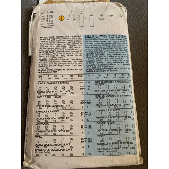 Butterick 6985 Sewing Pattern Robe Nightgown Panties Misses Size XS/S/M 1988 - Picture 2 of 2